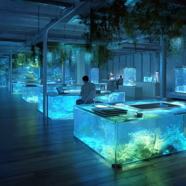 Bioluminescent EcoTech Laboratory Futuristic Workspace