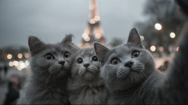 Cats Take Selfie in Paris with Eiffel Tower