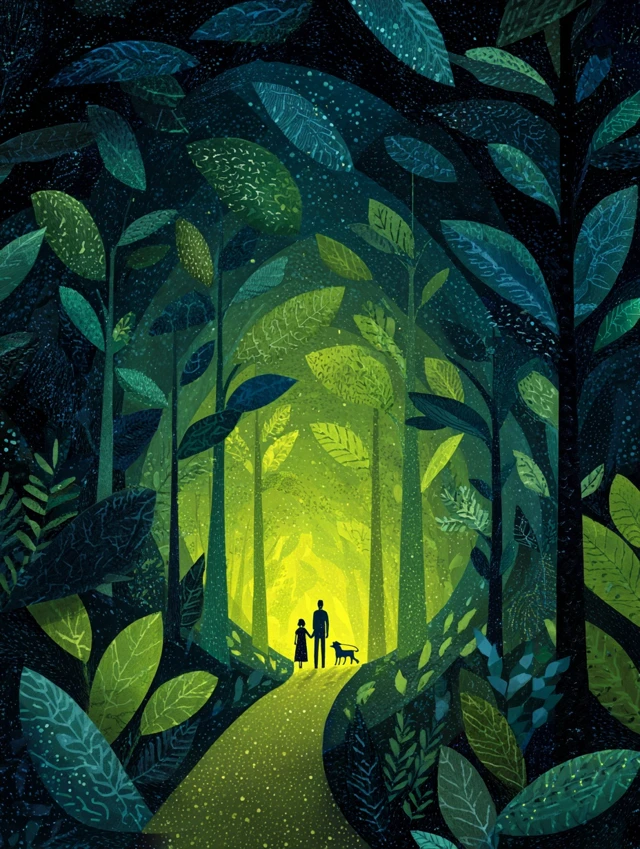 Enchanted Forest Illustration Dreamy Walk at Night