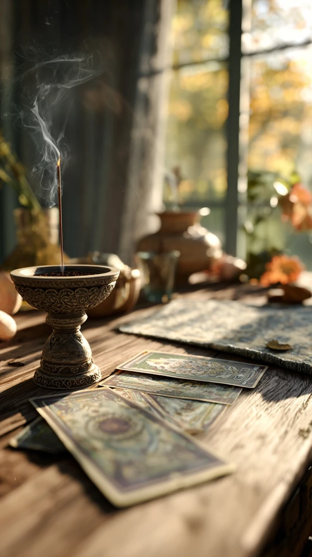 Tarot Reading Table with Incense and Sunlight