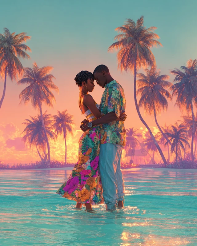 Tropical Romance AfroCaribbean Couple Beach Sunset