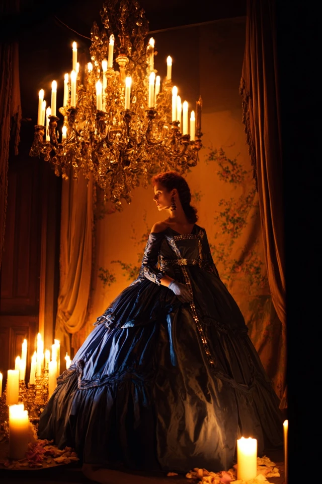 Baroque Woman in Ball Gown Under Chandelier