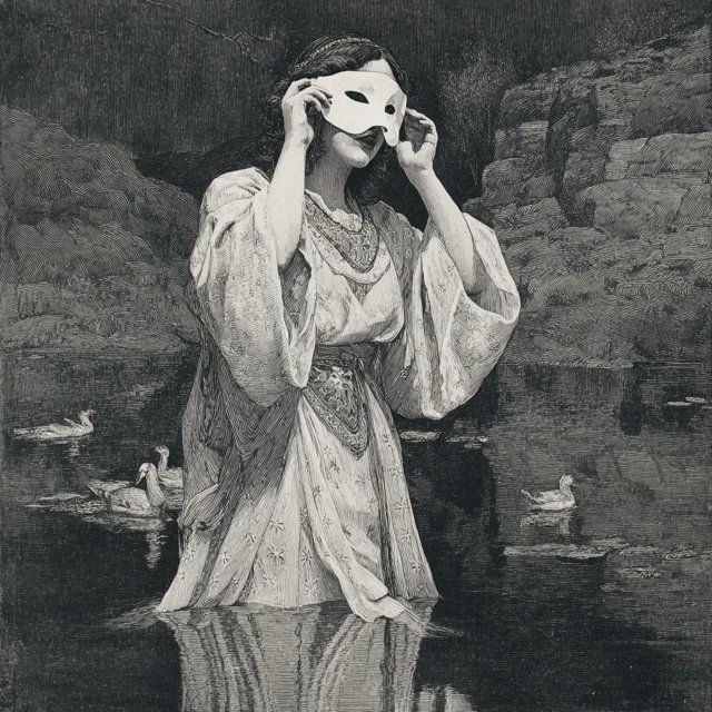 Woman with Mask in Black and White Landscape