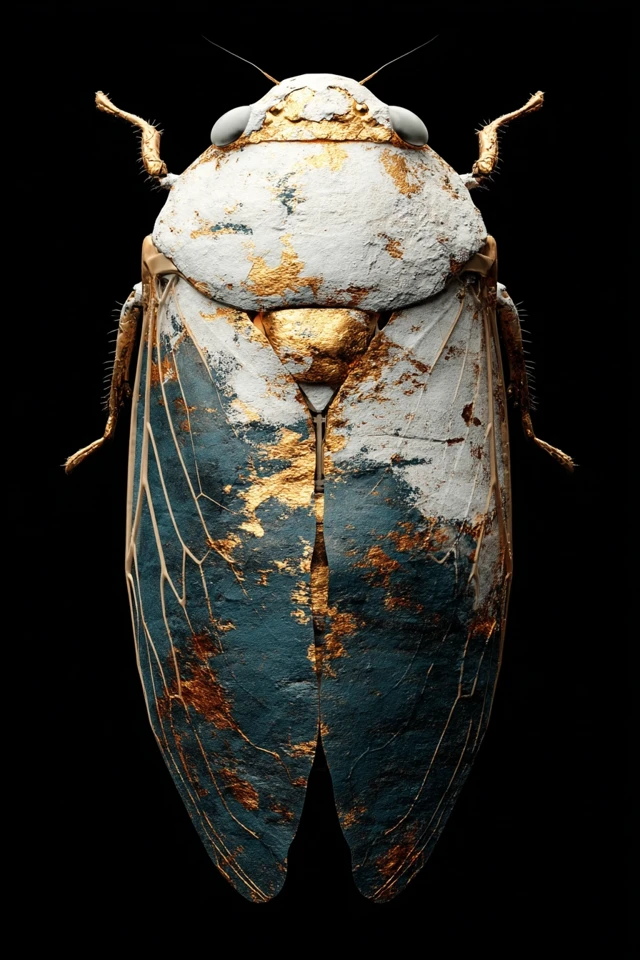 Dystopian Tech Cicada with Gold Veins