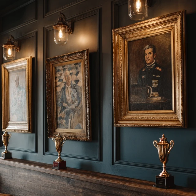 Elegant Portraits on a Wall with Trophies Below