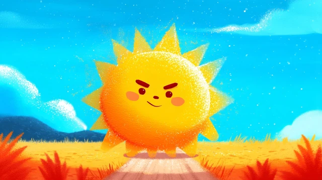 Smiling Sun Cartoon Illustration in a Blue Sky