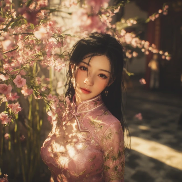 Eastern Beauty in Qipao Blossoms and Sunlight