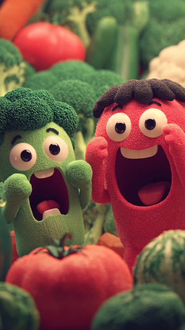 Happy Cartoon Child with Veggie Friends