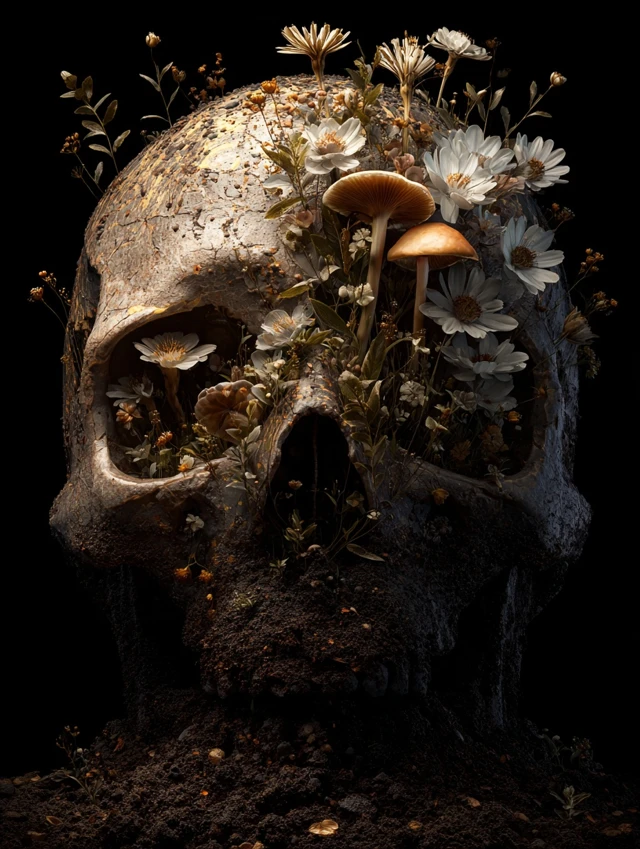 Skull with Flowers and Mushrooms Death and Rebirth