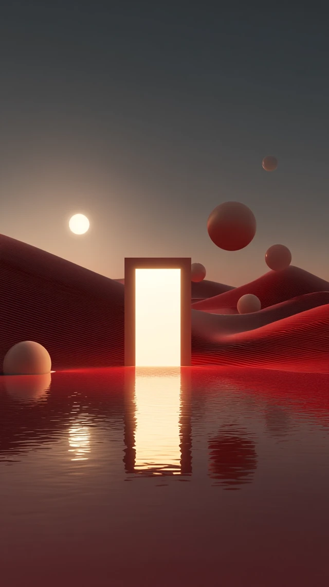 Abstract Desert Landscape with Glowing Door and Spheres