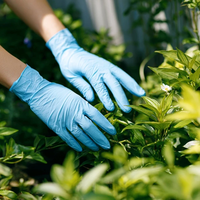 Gardening Hands in Blue Gloves Sunlight Greenery