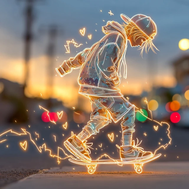 Glowing Skateboarder Golden Hour City Street Art