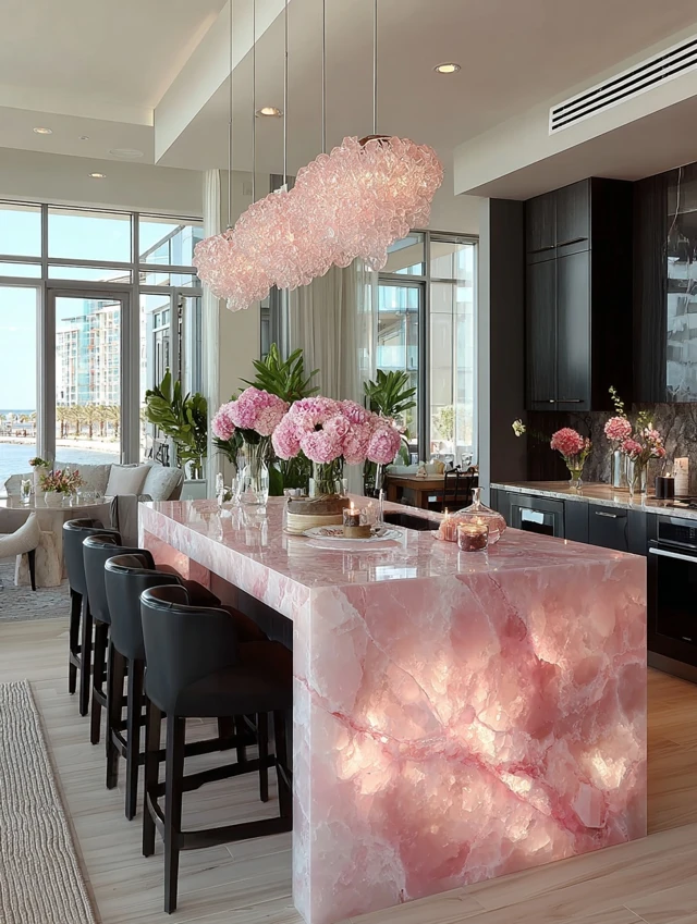 Luxury Pink Kitchen Island with Chandelier Design