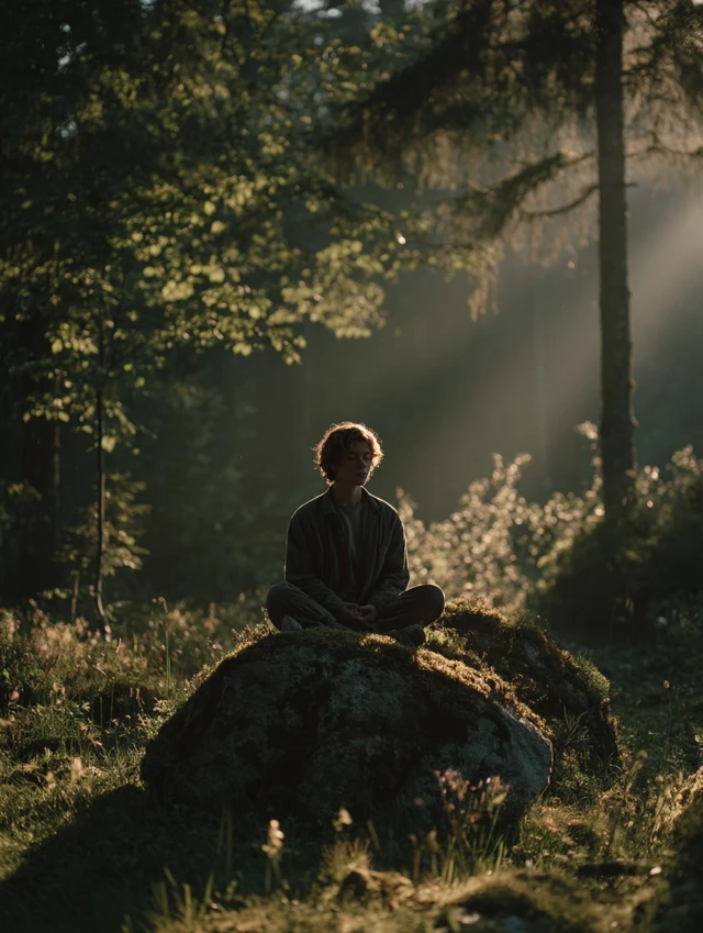 Man Meditating in Forest Clearing: Nature Healing