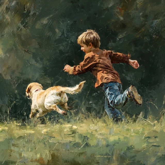 Boy Playing with Dog in the Green Field