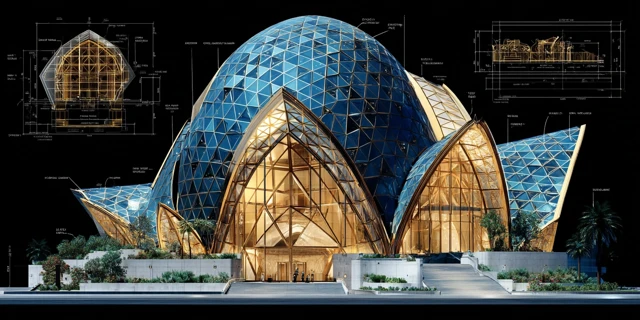 Planetarium Architecture Design with Golden Tones
