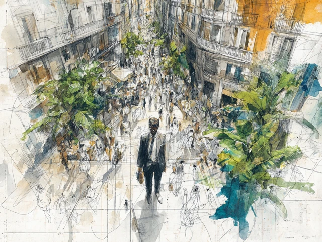 Man in Crowded Street Black and White Sketch Art