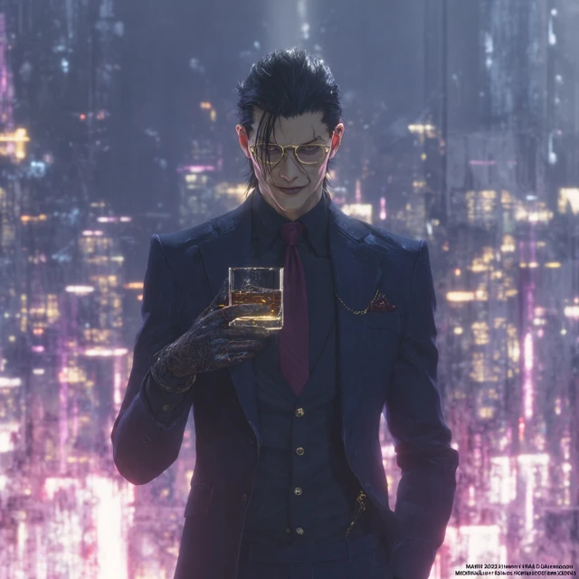 Handsome 3D Man in Suit Whiskey Neon Cityscape