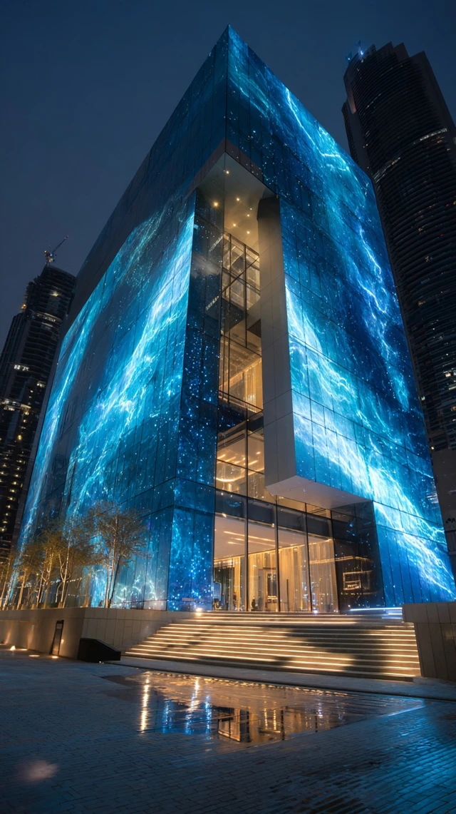 Futuristic Dubai Building at Night Modern Architecture