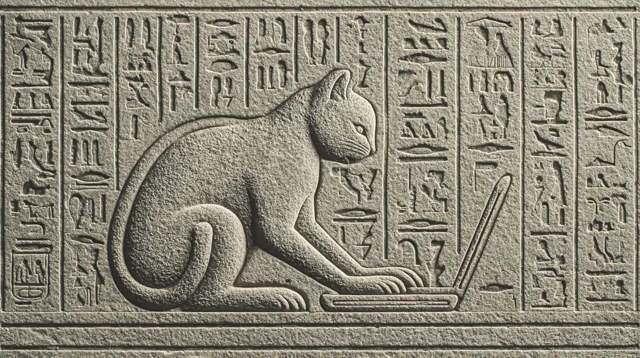 Hieroglyphic Cat Typing on a Laptop