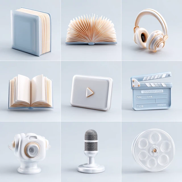 3D Glass Media Icons Book Audiobook Headphones Movie Clapperboard