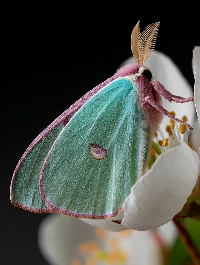 Luna Moth on Delicate Flower Vibrant Colors