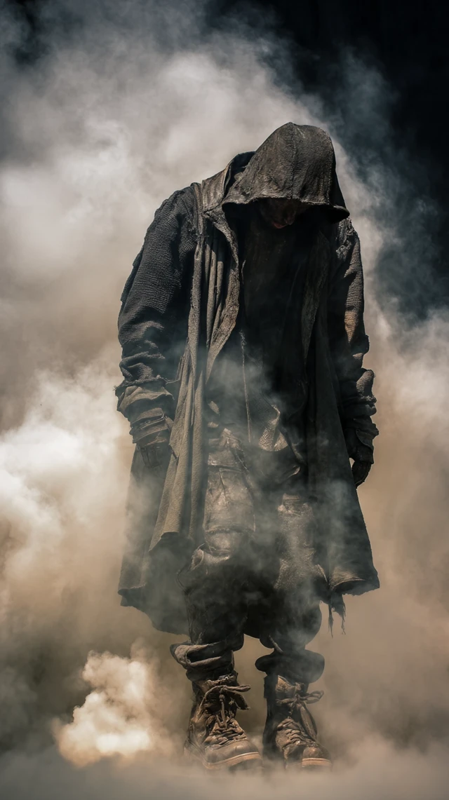 Lone Figure in Smoke Exhaustion and Acceptance