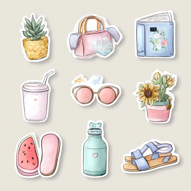 Cute Watercolor Summer Accessories Sticker Set