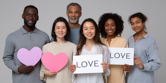 Diverse Group Holds Hearts Studio Portrait