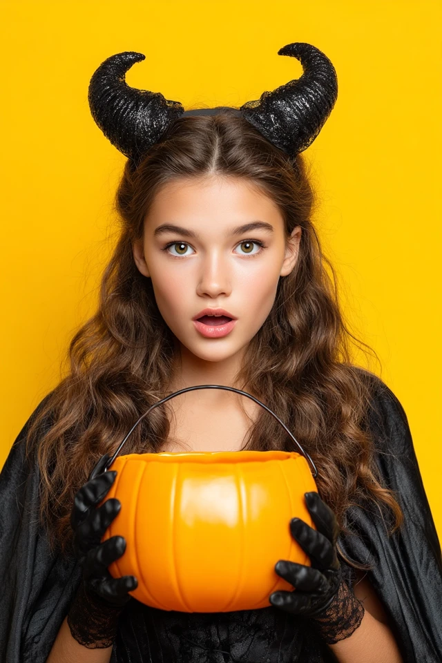 Teen Girl in Halloween Costume with Pumpkin Bucket