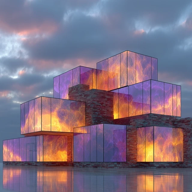 Voxel Architecture: Red Brick Cubes and Translucent Glass