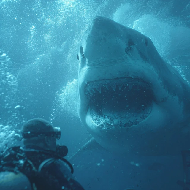 Diver and Great White Shark Underwater Encounter