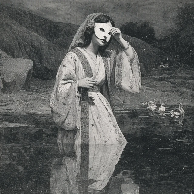 Woman with Mask in Black and White Landscape