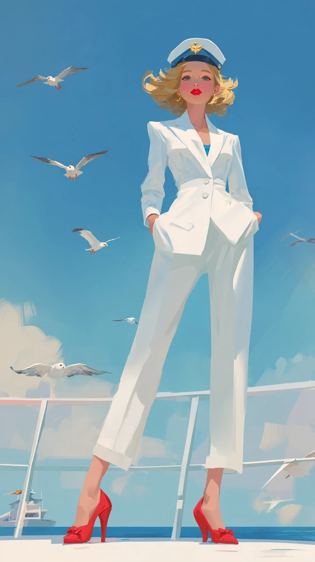 Sailor Girl Illustration: Blond Hair, Red Lipstick, Deck