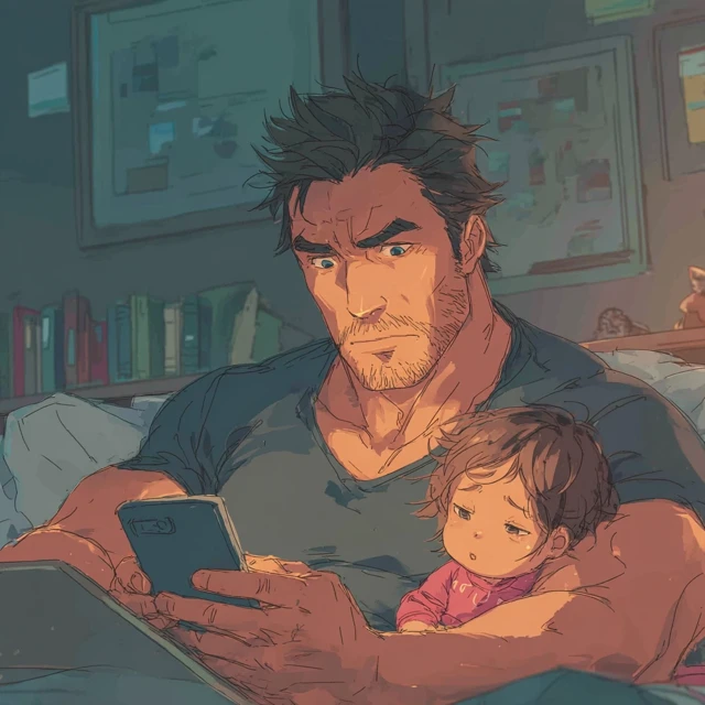 Strong Dad and Baby Cute Cartoon Illustration