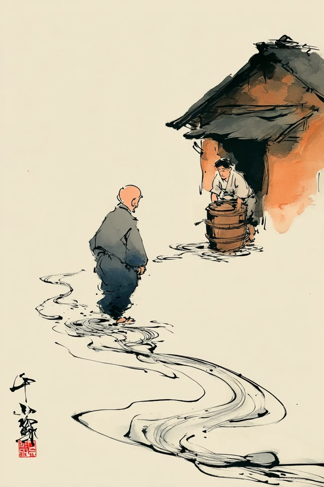 Japanese Sumi e Ink Painting Rural Scene