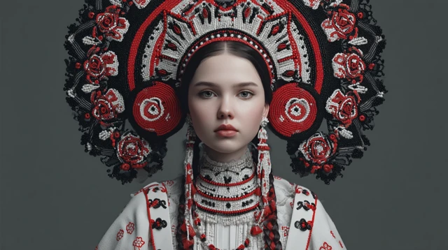 Slavic Woman in Dress with Russian Ornament Photorealistic
