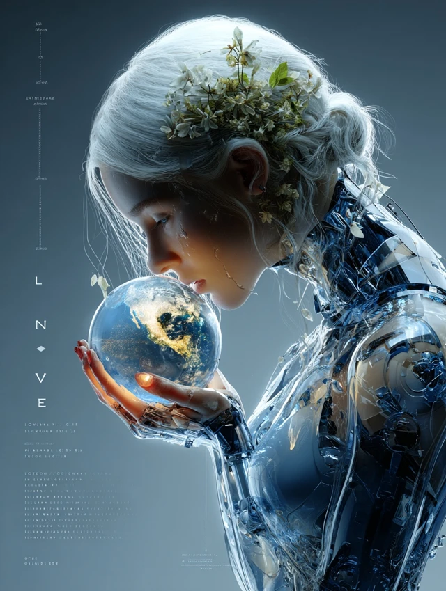 Cyborg Girl Holding Earth Universe Illustration