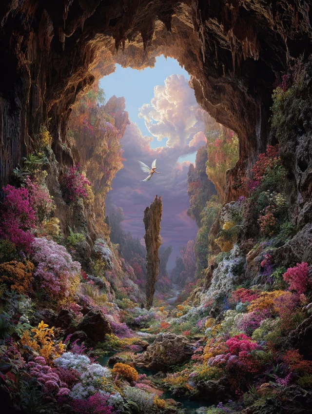 Dreamy Karst Cave Fairy Wings and Colorful Flowers