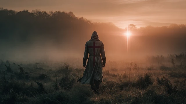 Templar Monk Silhouette at Sunrise Spiritual Scene