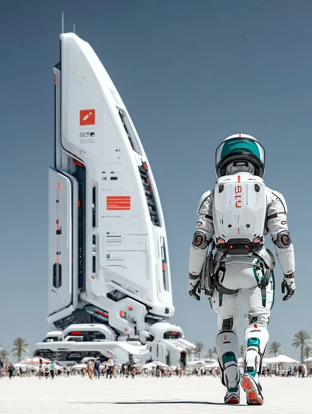 Astronaut Walks Towards Futuristic Spaceship