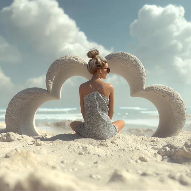 Woman on Beach Surrounded by 3D Hearts