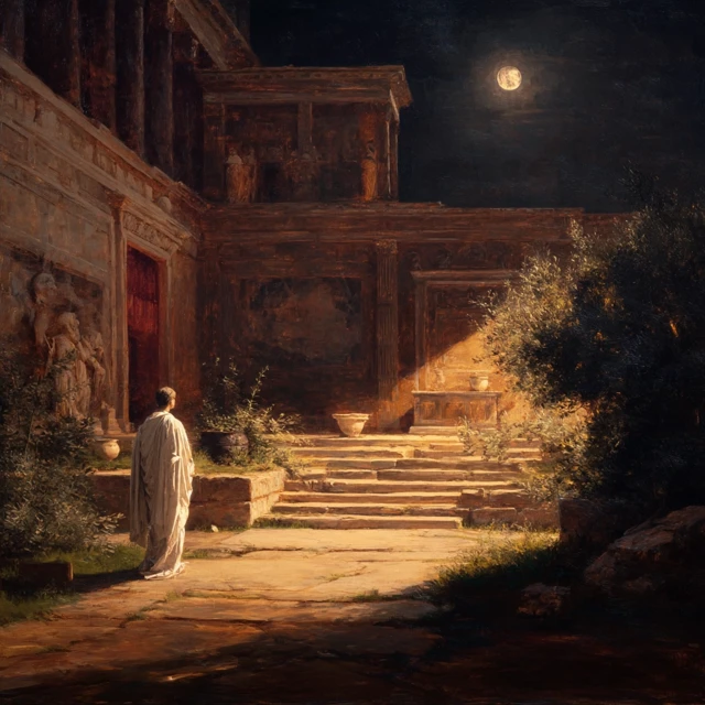 Augustus Under Moonlight Palace Courtyard Oil Painting