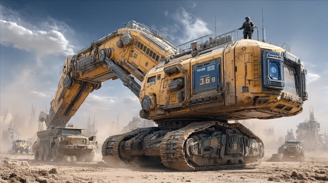 Construction Site Scene Heavy Excavator and Dump Truck