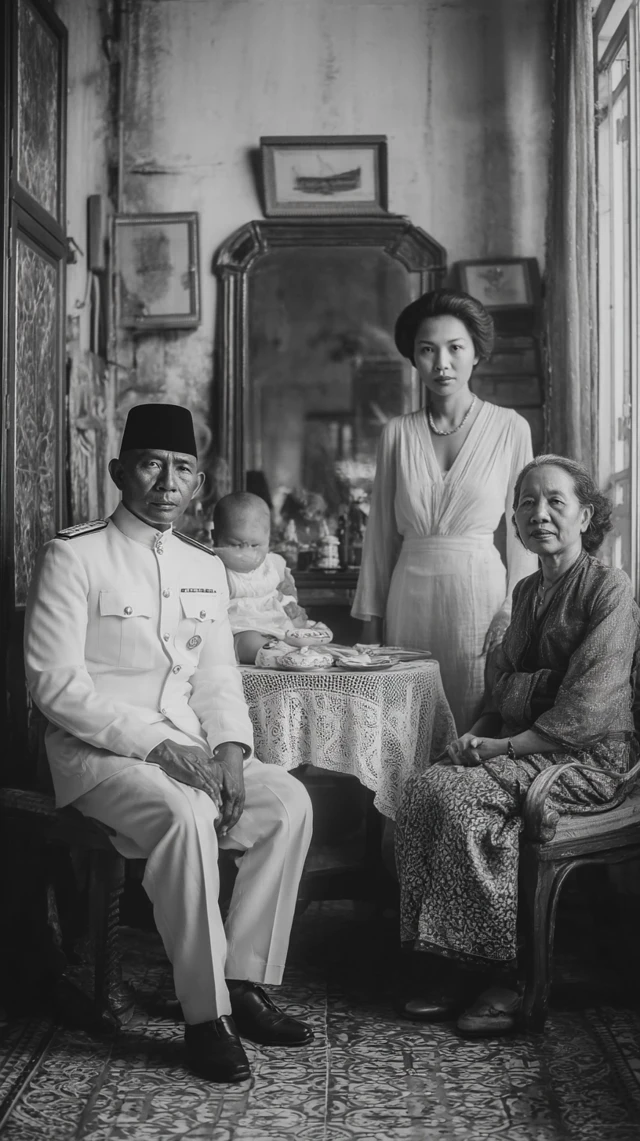 1940s Southeast Asian Family Portrait Black and White