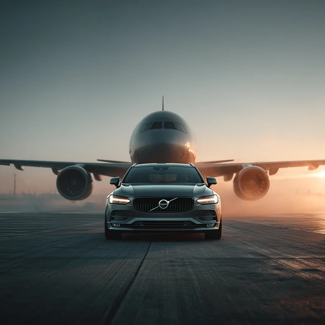 Volvo V90 on Tarmac with Plane Cinematic Photography