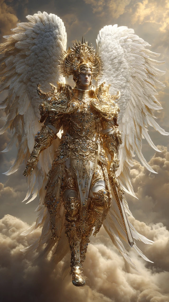 Radiant Archangel in Golden Armor Heavenly Scene