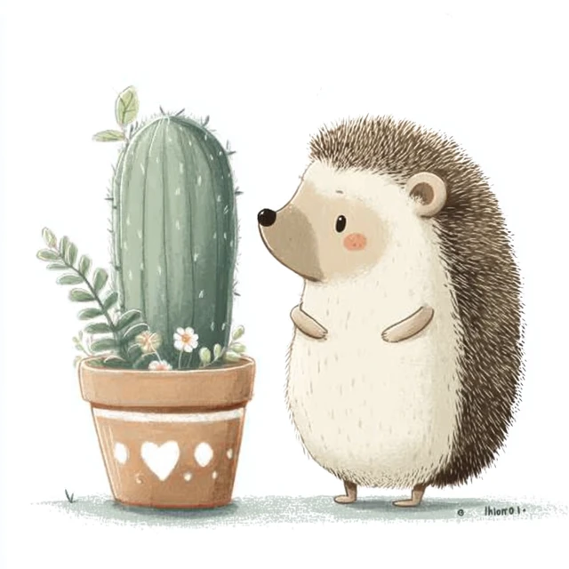 Cute Hedgehog and Cactus Childrens Illustration