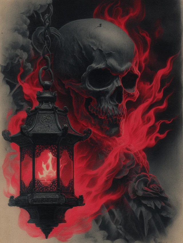 Gothic Skull Lantern Tattoo Flash Art Design