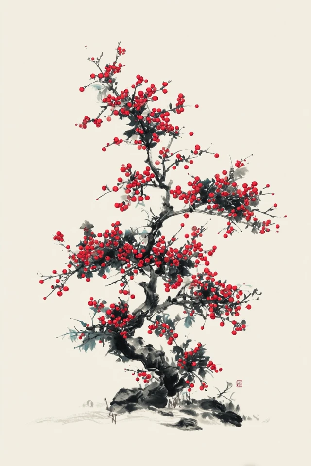 Chinese Ink Painting Holly Tree with Red Berries